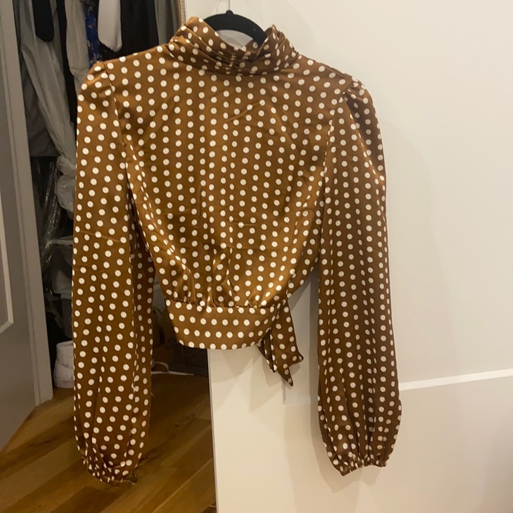 Nasty gal brown and white silk top, high neck